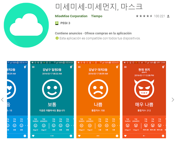 Aplicación MiseMise para conocer la contaminación en tiempo real en Corea del Sur.